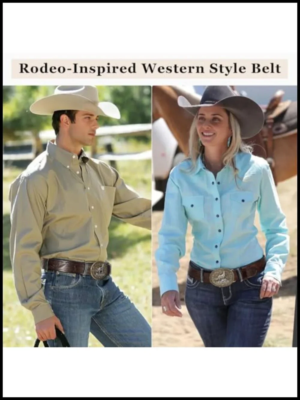 Western Cowboy Belt with Detachable Buckle - Genuine Leather